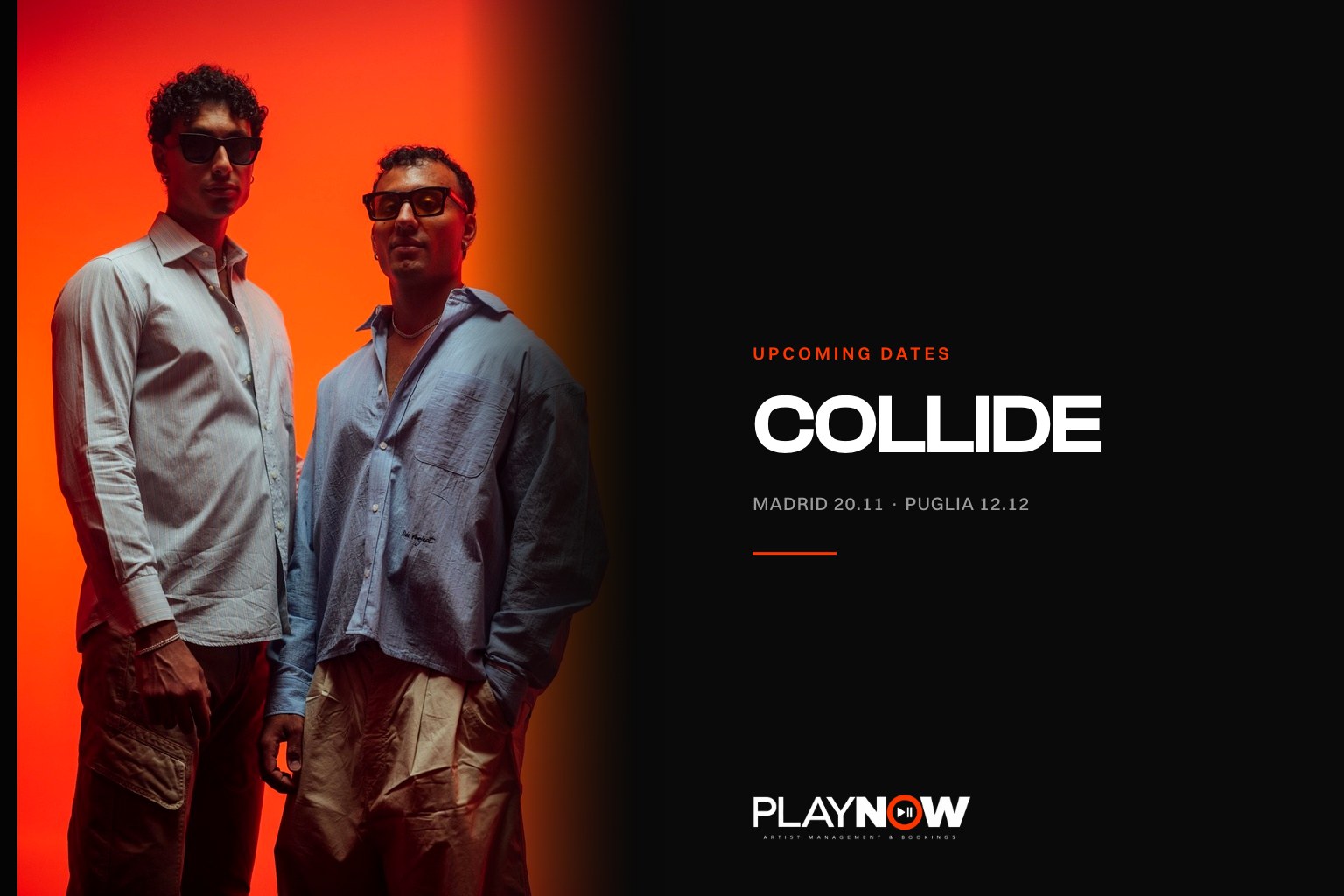 COLLISION, Davide and Luca Lomaglio, standing against an orange backdrop, for the Collide dates announcement · PLAYNOW
