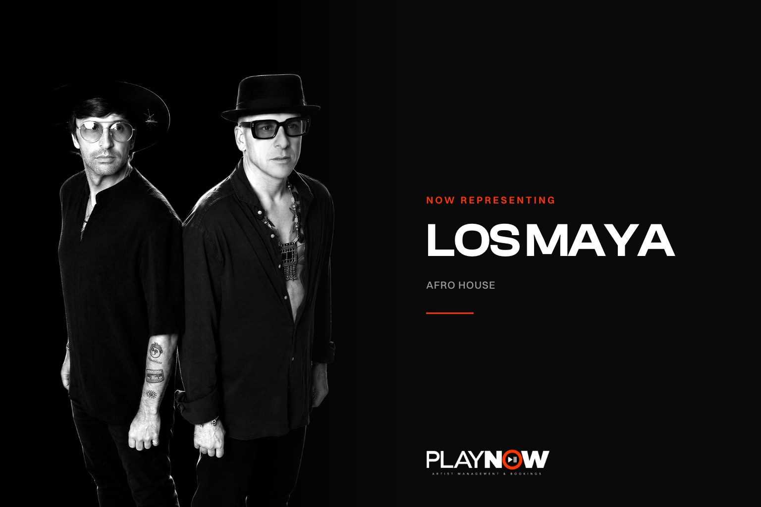 Los Maya, the Madrid afro house duo formed by Carlos Sanfulgencio and KPD, black and white portrait for PLAYNOW