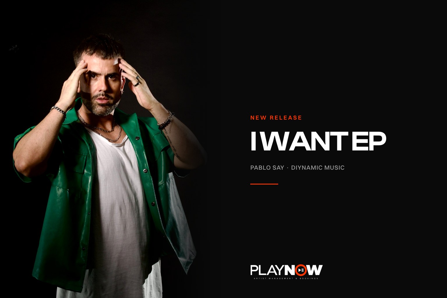 Pablo Say, Valencian producer and DJ, in a green jacket, portrait for the I Want EP release on Diynamic · PLAYNOW