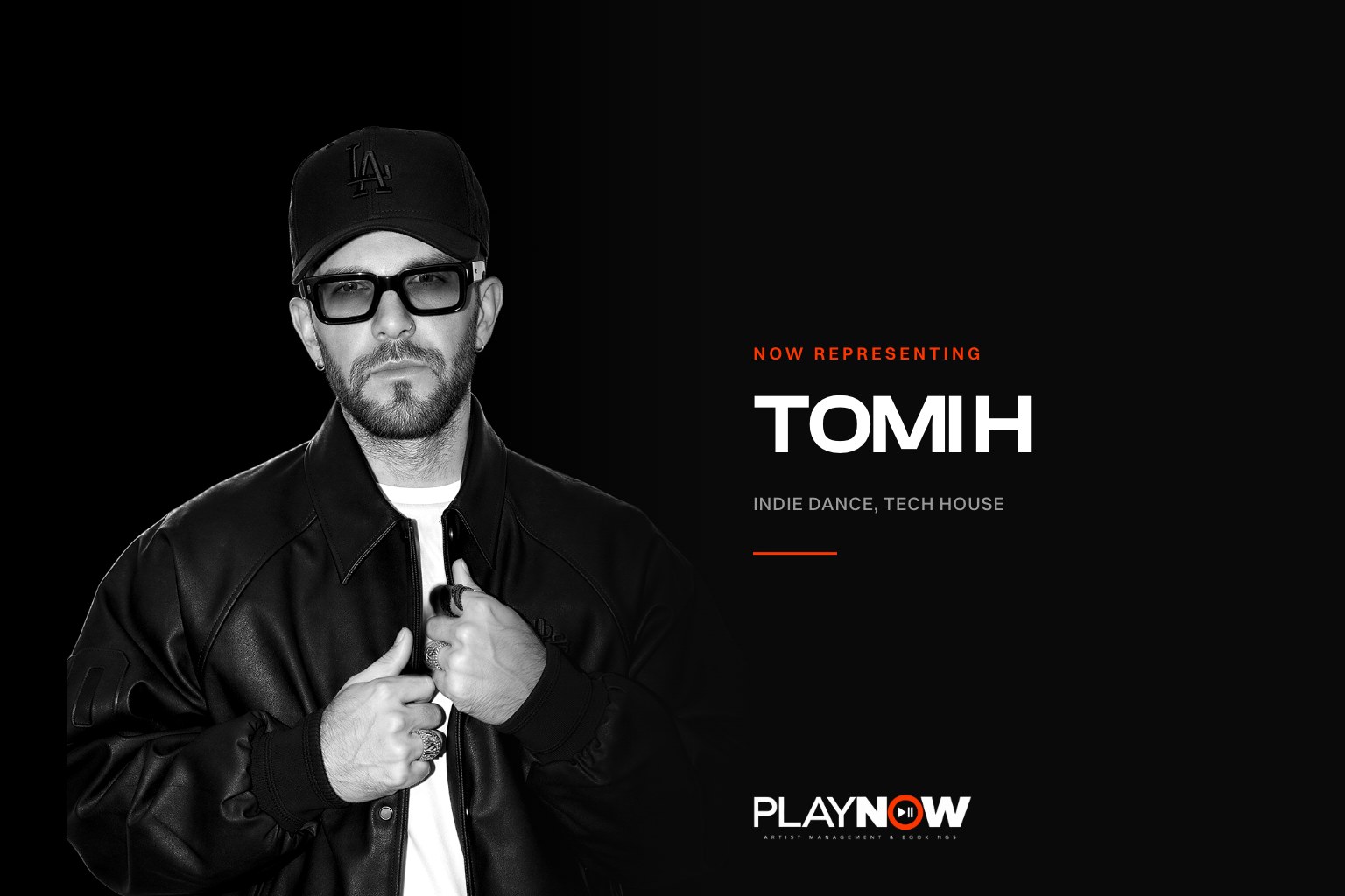 TOMI H, indie dance and tech house DJ and producer, black and white portrait for PLAYNOW